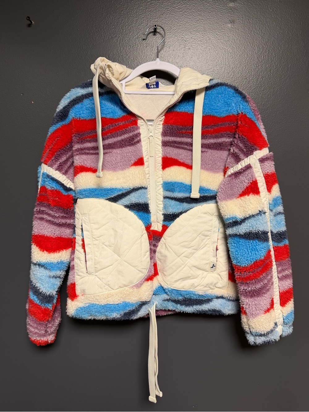NWOT JoyLab Abstract Stripe Contrast Teddy Fleece Cropped Hooded Jacket XXS Blue